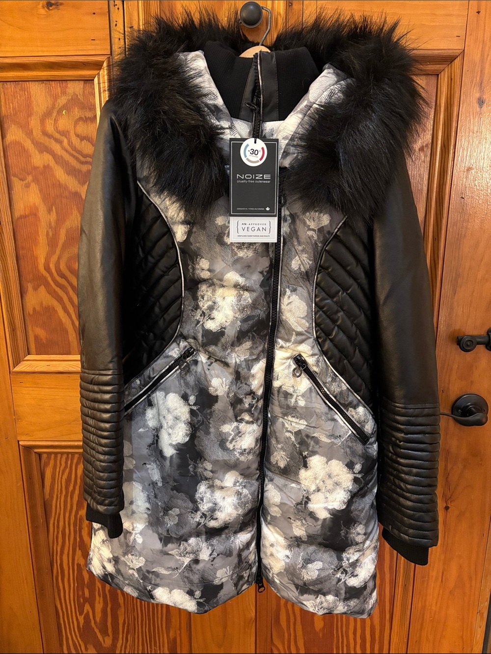 Noize Black & Gray Floral Quilted Jacket with Faux-Fur Hood